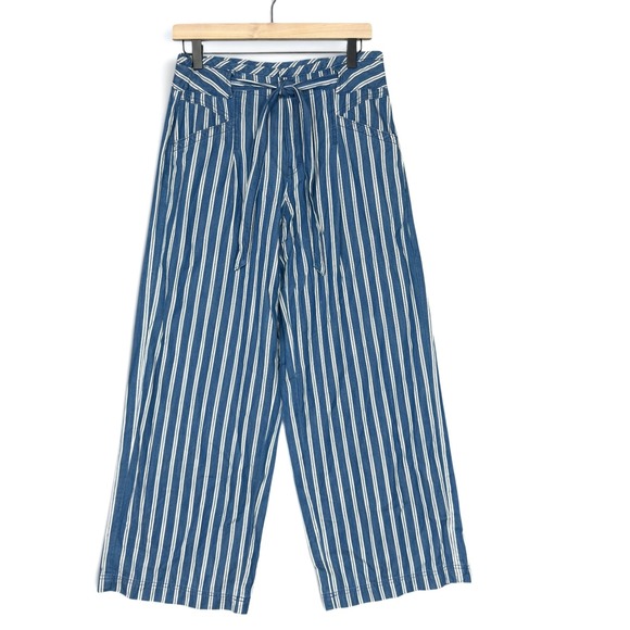 American Eagle Outfitters Pants - American Eagle Wide Leg Pants 6 Blue White Striped Cotton Tie Waist High Rise
